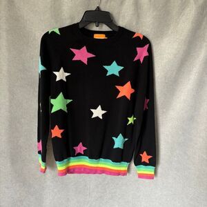 WISPR Brodie Summer Star Cotton Silk Sweatshirt Size XS Black and Neon Rainbow